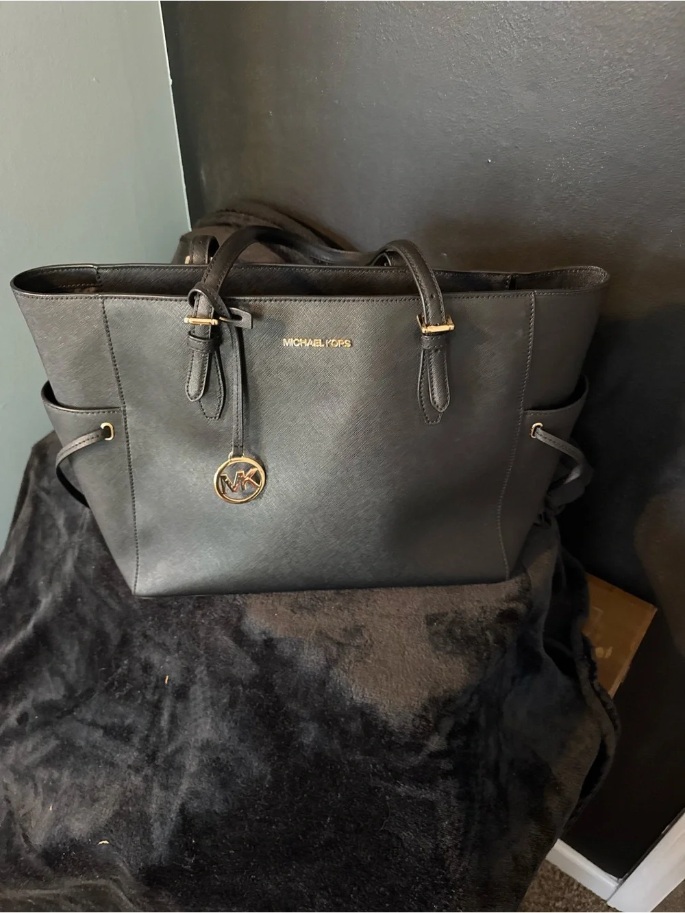 Michael Kors Black Saffiano Leather Tote with Gold Accents - Picture 1 of 1